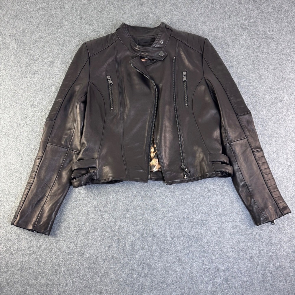 Cache Black Leather Moto Jacket Leopard Print Lining Quilted AWCGT3049 Womens M